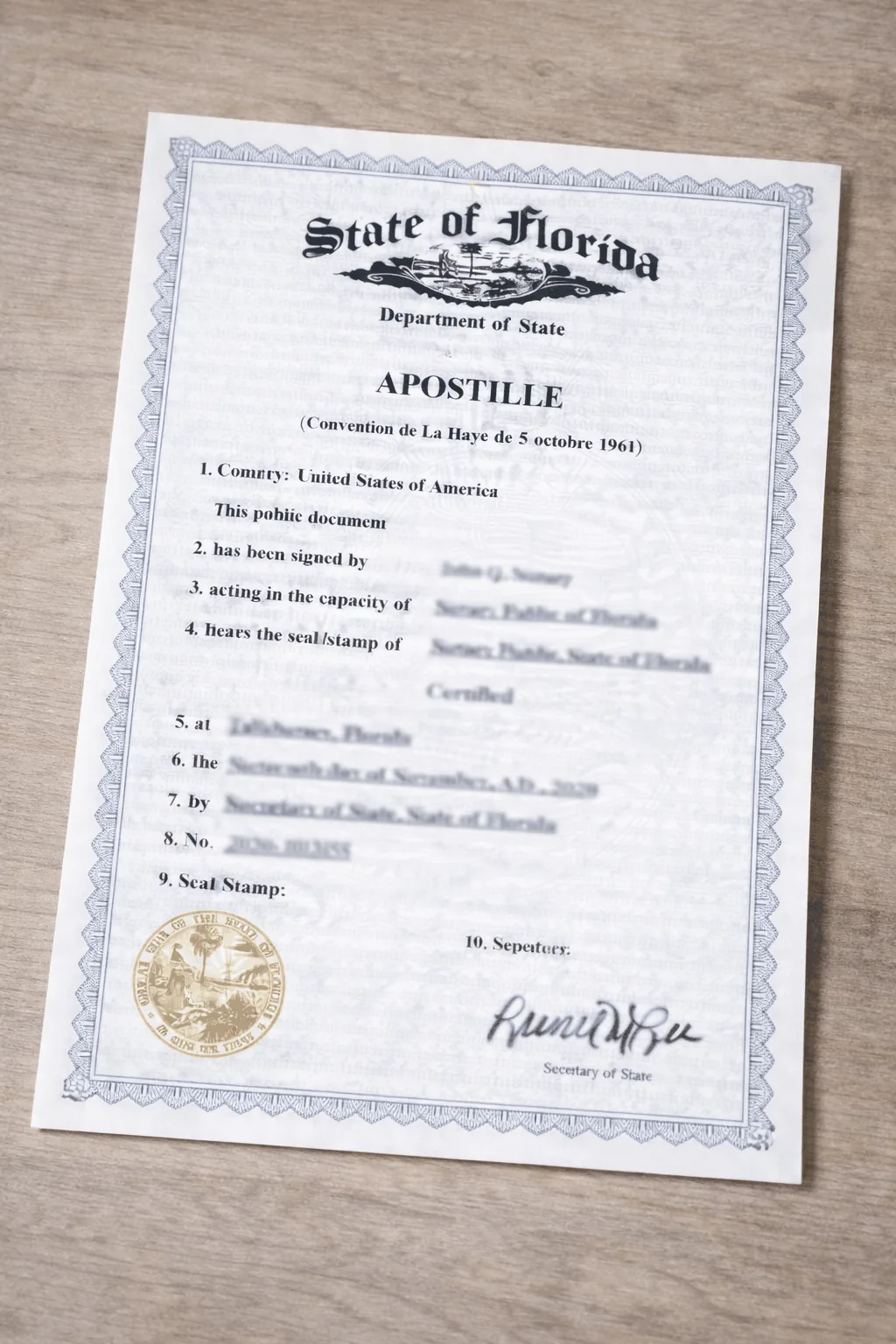 Certified Florida birth certificate ready for apostille authentication for international visa application
